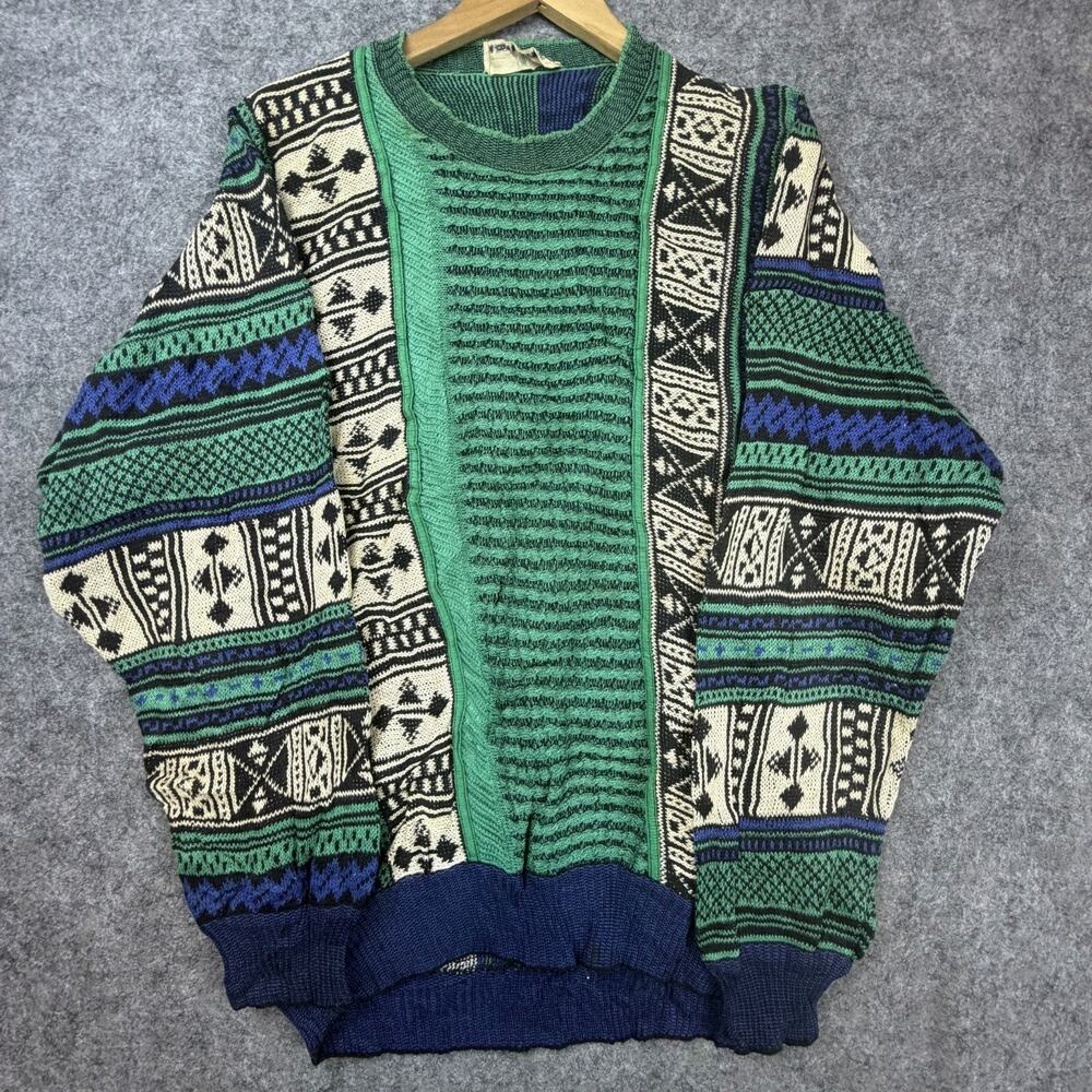 Vintage Umberto Bilancioni Sweater Mens XL Green Blue 90s Cosby‎ Dad Retro